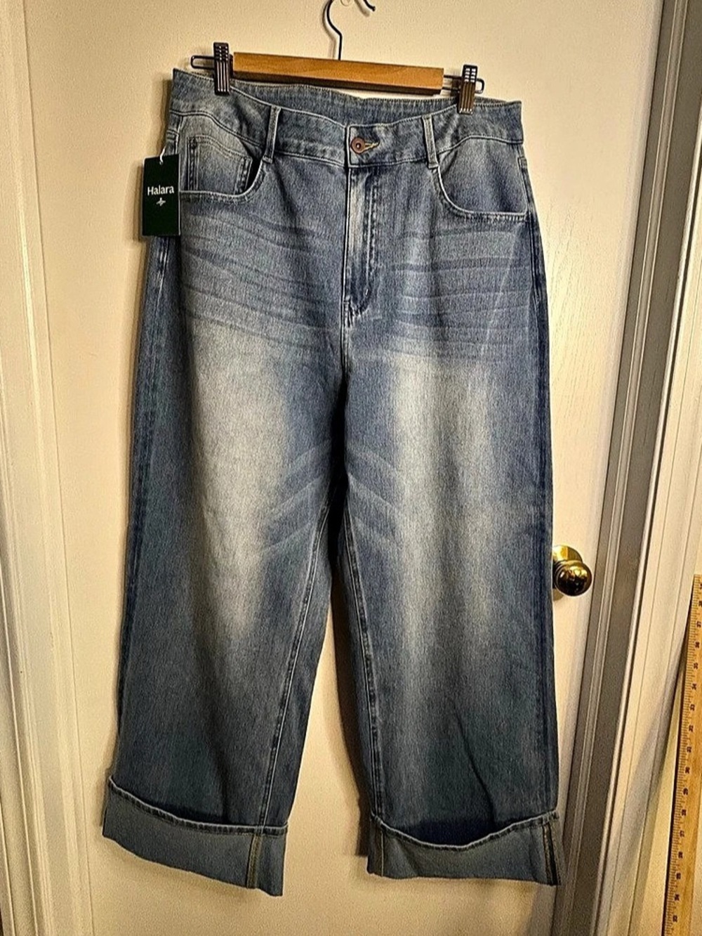NWT Halara XL Tall Play It My Way Wide Leg Cuffed Denim Jeans Stretch